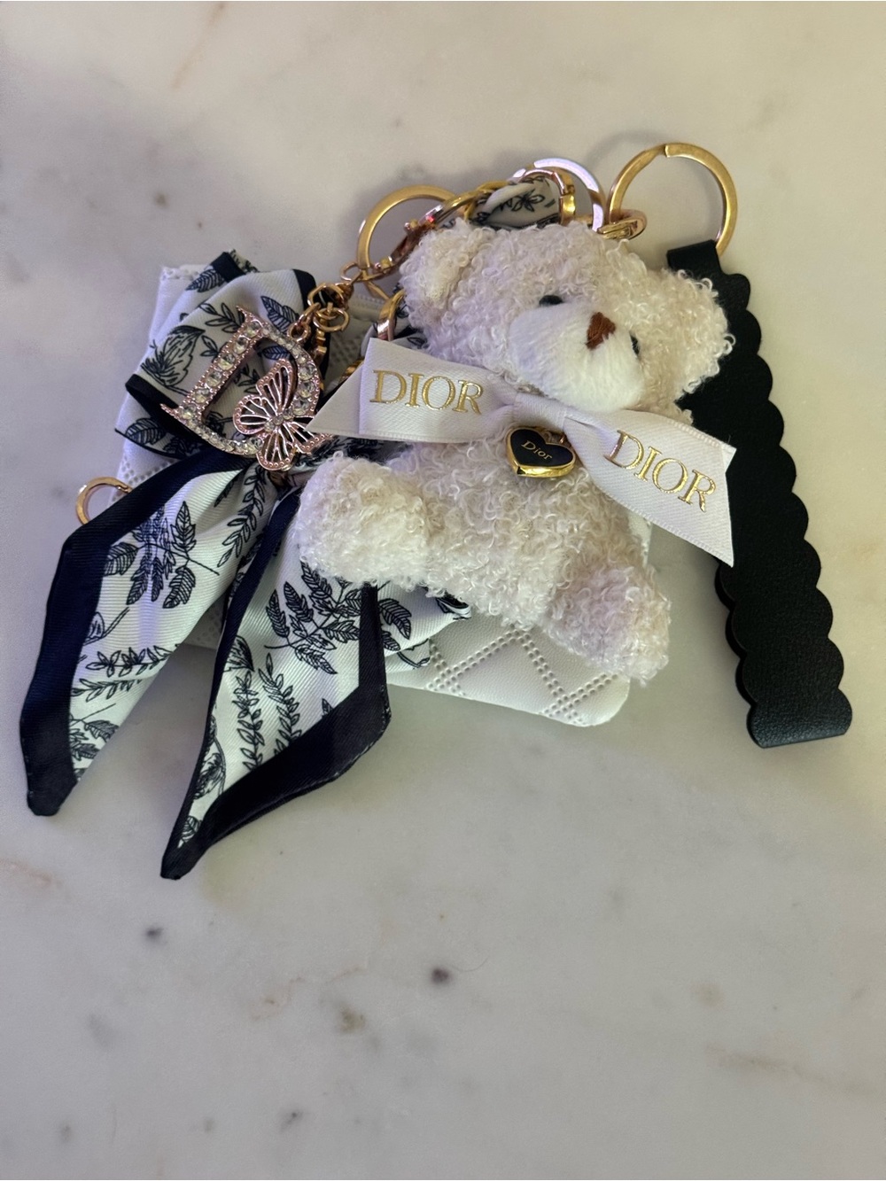 Fashion Bear Keychain Wristlet w/AUTHENTIC  DIOR Zip Pull, Ribbon, Dusty